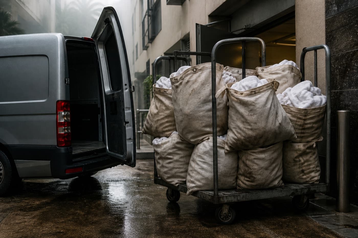 Coleta de enxoval usado: sacos de lona num carrinho ao lado da van