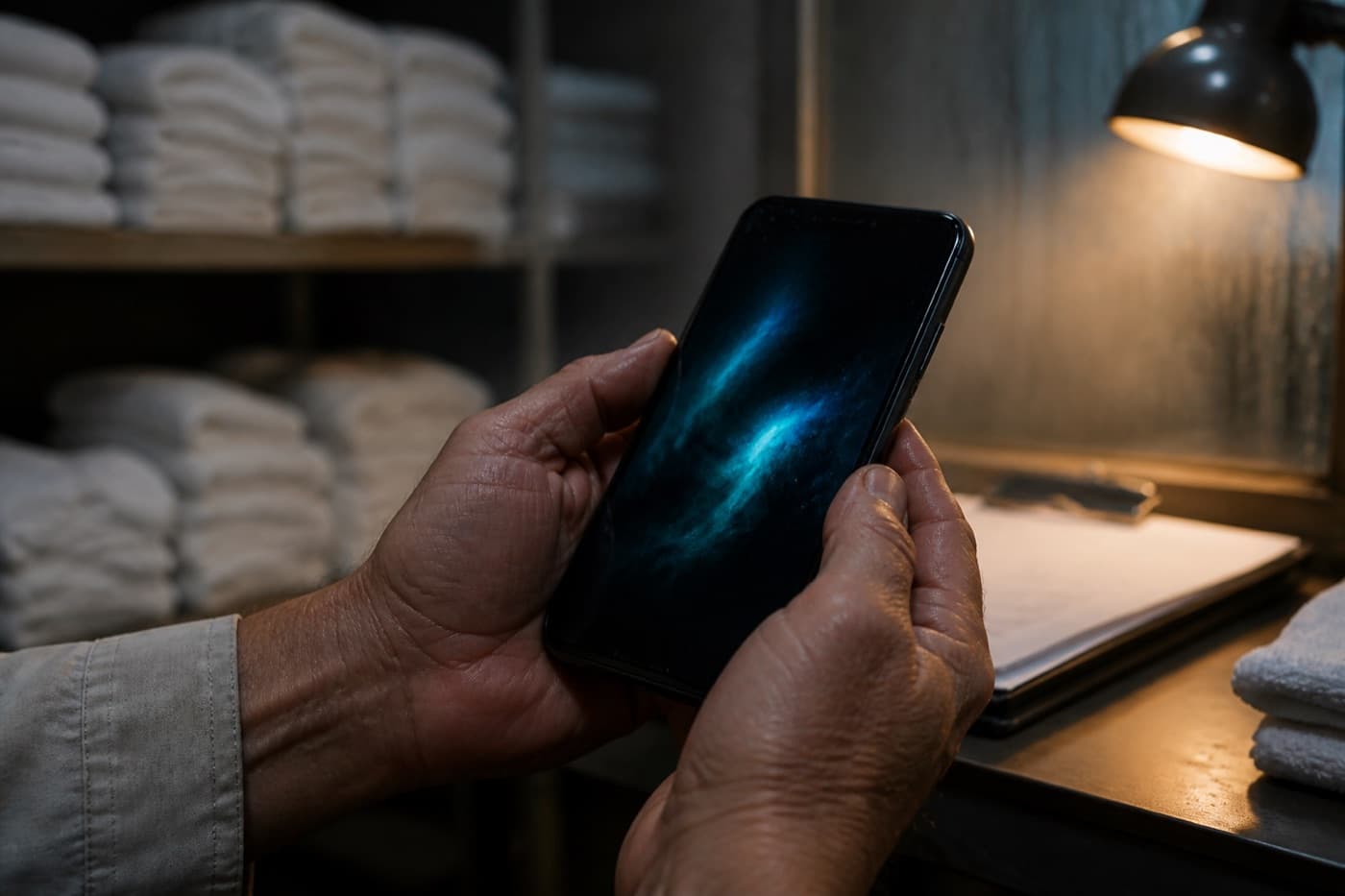 Contrato assinado no celular, com toalhas dobradas ao fundo